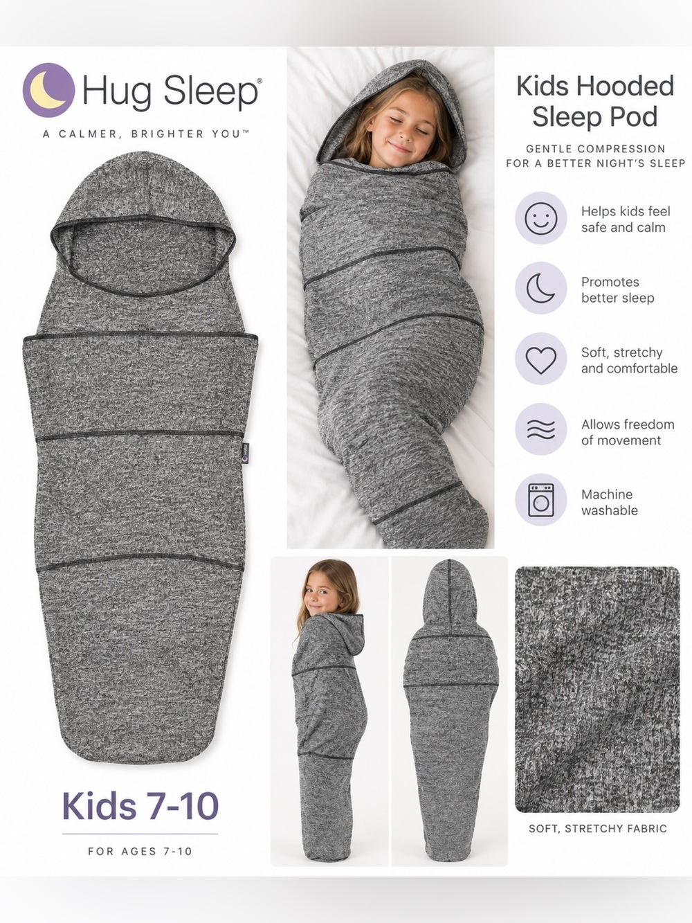 Hug Sleep Kids Hooded Sleep Pod Graphite Gray Size 7-10 Compression Cocoon